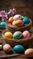 Natural nest with painted eggs and spring flowers for Easter. Natural materials, colors and textures. Easter eggs. Stylish composition for Easter. Vertical image for mobile phone, instagram