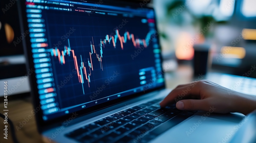 Poster close up of laptop screen displaying financial market trends and vibrant stock charts with focused h