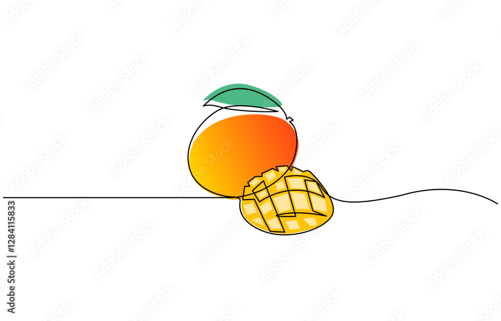 Poster mango vector illustration. one line drawing art color illustration, mango conceptual logo design in 