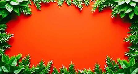 green leaves foliage boarder with red background 
