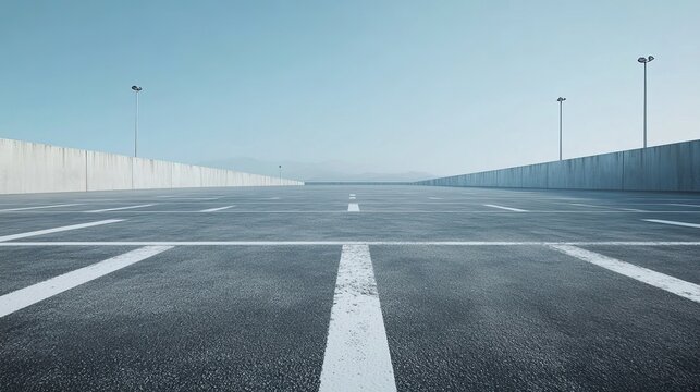 Empty Parking Lot Modern Design Asphalt Road White Lines Minimalist Architecture Urban Scene Daytime Exterior Building Structure Concrete Wall Empty  
