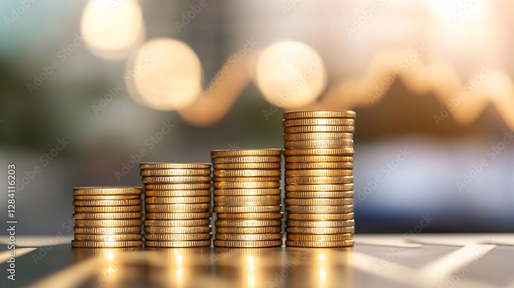 Aufkleber close up view of stacks of shiny gold coins representing financial growth and investment strategy : 