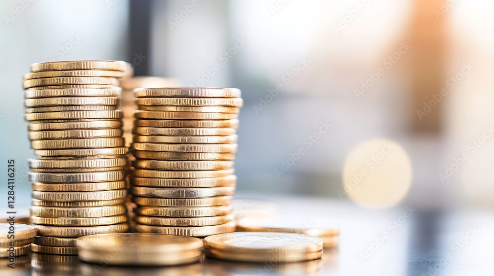 Poster Stacks of shiny gold coins symbolizing wealth and prosperity arranged neatly on a table with a warm blurred background : Generative AI