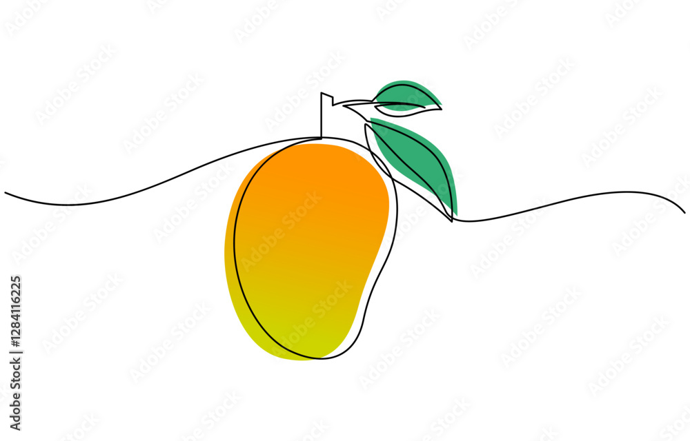 Poster mango vector illustration. one line drawing art color illustration, mango conceptual logo design in 
