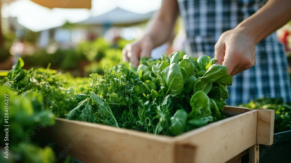 Aufkleber freshly harvested greens displayed at a farmer's market with hands sorting through the produce : gen