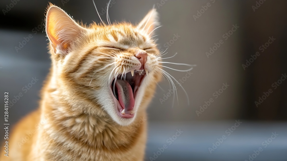 Poster playful orange cat yawning widely captured in a cozy indoor setting with soft light : generative ai