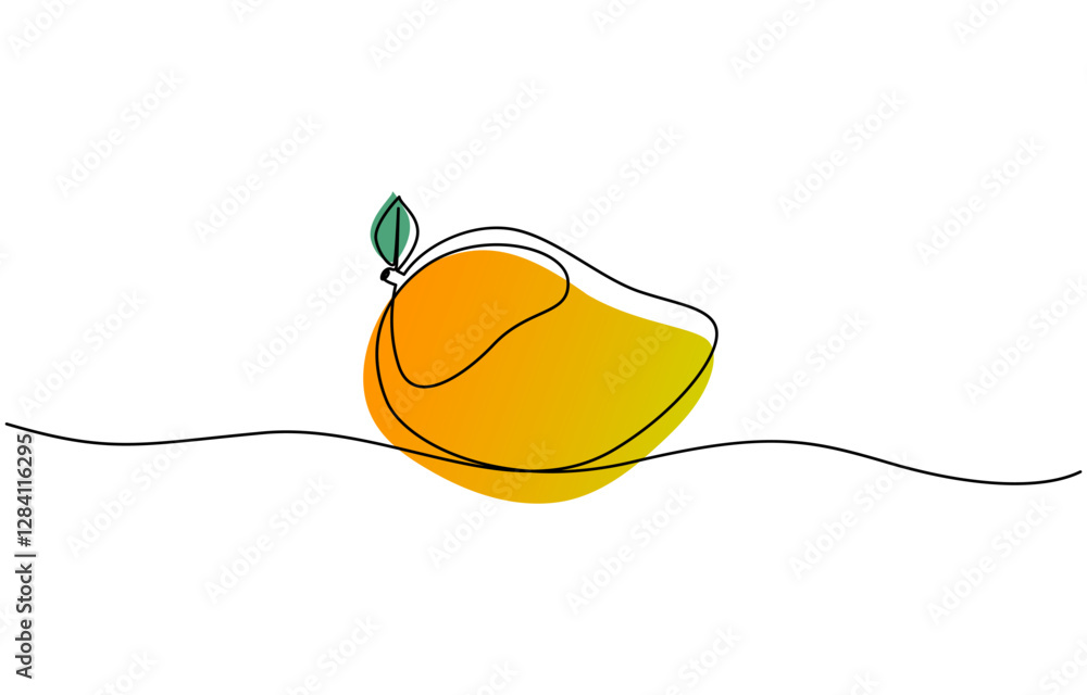 Poster mango vector illustration. one line drawing art color illustration, mango conceptual logo design in 