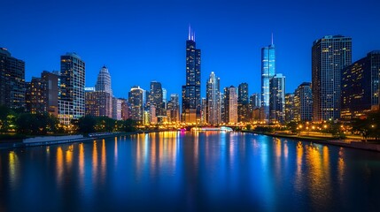 Obraz premium A vibrant city skyline reflecting on a river at dusk, showcasing urban beauty and architecture.