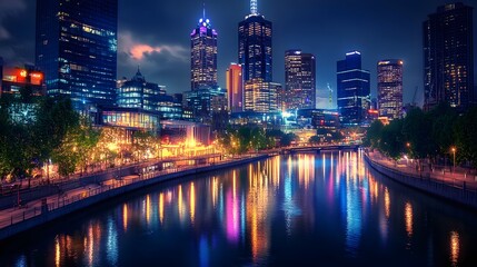Obraz premium A vibrant cityscape at night, showcasing illuminated buildings and a reflective river.