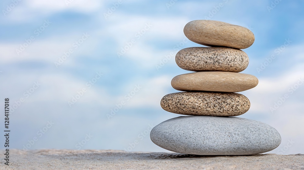 Poster stack of smooth pebbles on a natural surface against a blue sky representing balance and serenity : 
