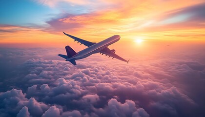 Airplane soaring through clouds at sunset