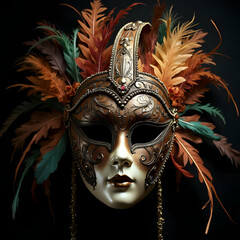 Elegant Venetian Mask with Feathers and Gold Accents