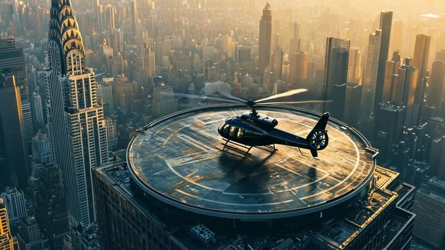 A helicopter preparing to take off from a rooftop helipad in a modern city at sunset.