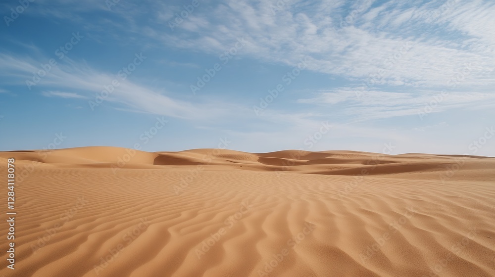 Poster expansive desert landscape with soft dunes and a clear blue sky in a serene natural setting : genera