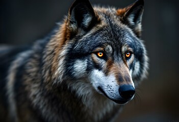 Obraz premium Majestic Wolf Portrait with Glowing Eyes in Dark Forest