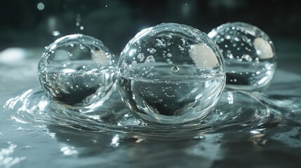 Three transparent spheres with water reflections on a smooth surface