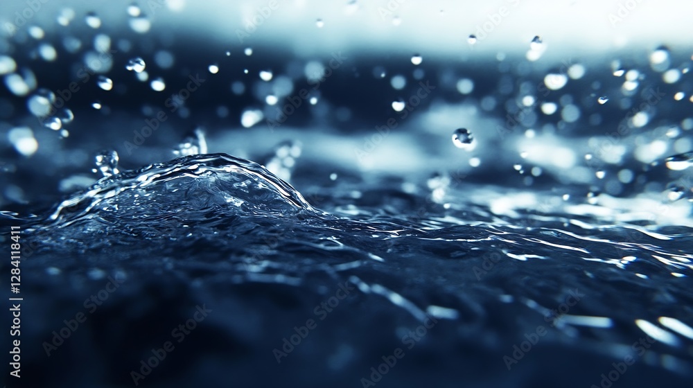 Poster closeup of water droplets creating ripples in a dark environment : generative ai