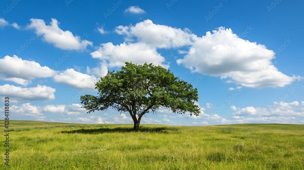 Poster a solitary tree standing tall in a lush green field under bright blue skies and fluffy clouds : gene