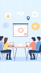 A flat illustration of an online meeting with four people sitting at a table and one person on screen
