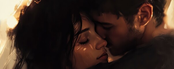 Intimate moment between young hispanic couple in warm lighting