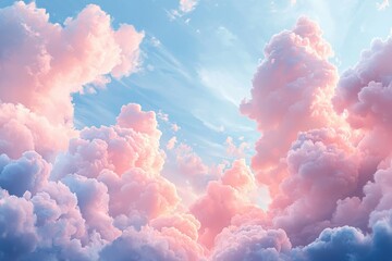 A dreamy panorama of pastel pink clouds against a soft blue sky, creating a serene and ethereal atmosphere with billowy formations and gentle sunlight.
