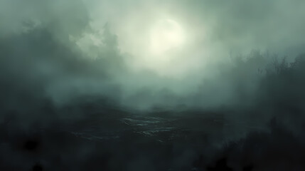 Fototapeta premium Mysterious fog rolling in on a dark landscape, fog, shadow, gloom. Eerie Veil of the Unknown. Illustration