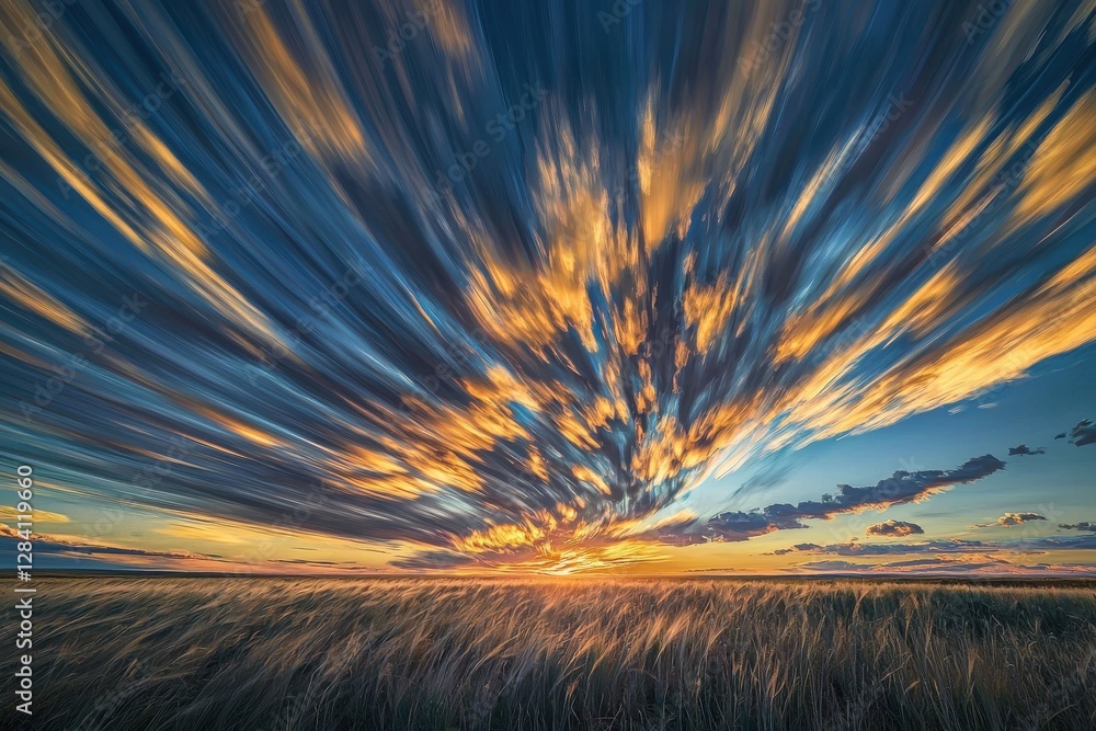 Poster a mesmerizing sunset with dynamic streaks of clouds over a wheat field creates a dramatic and captiv