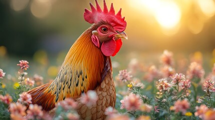 Fototapeta premium Rooster standing in field of flowers at sunset