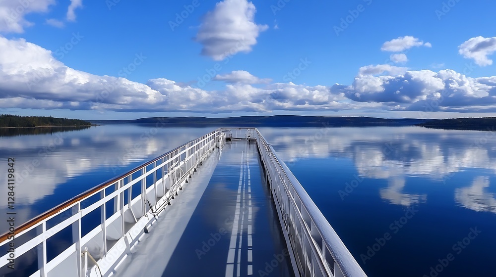 Poster calm waters reflecting cloud formations from the deck of a modern boat on a clear day : generative a