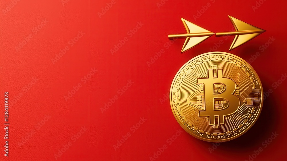 Poster golden bitcoin coin on red background with target arrow design