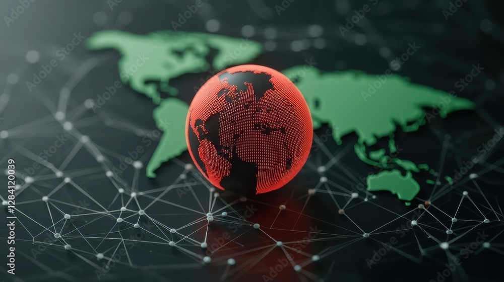 Poster 3d render of red globe with green world map and network connection