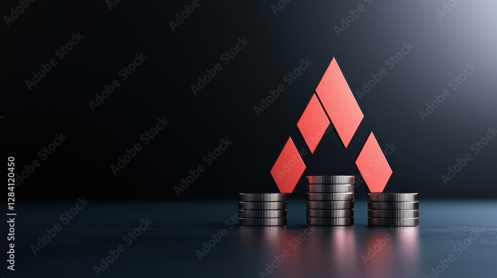 Poster stacked coins with abstract red shapes on dark background