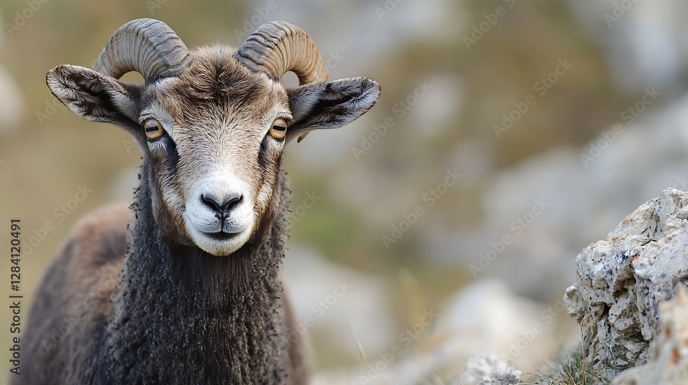 Poster closeup image of a majestic ram with distinctive curved horns in natural habitat : generative ai