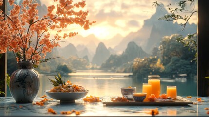 Scenic sunrise breakfast with orange juice, pastries, and flowers overlooking a tranquil lake and karst mountains.