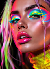 Close-up portrait of a beautiful young woman with bright multicolored makeup. Neon Rainbow Makeup