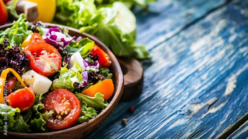 Poster Fresh and colorful mixed salad served in a wooden bowl on a rustic background : Generative AI