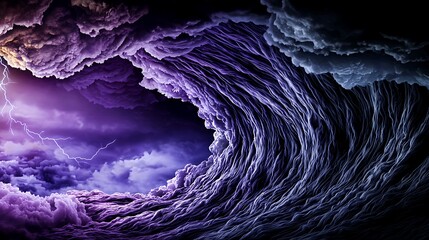 Fototapeta premium Majestic purple storm wave crashing against a dark sky with lightning in the background