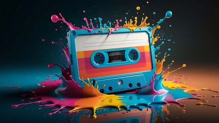 Fototapeta premium Colorful melting cassette tape music party. Retro style illustration. Creative design concept. Vibrant colors. Groovy vintage nostalgia. Celebration of music. Melting tape, colorful drops, splashes.