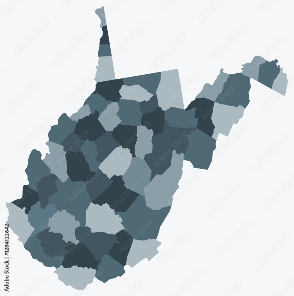 Poster map of west virginia with counties. just a simple state border map with county division. blue grey c