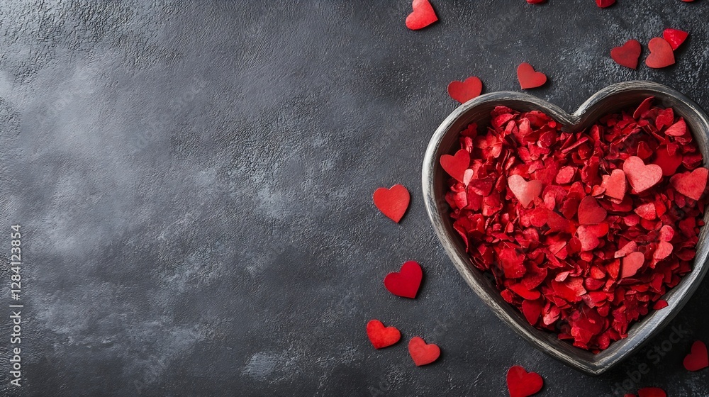 Poster romantic heart shaped bowl filled with red petals on a dark textured background : generative ai