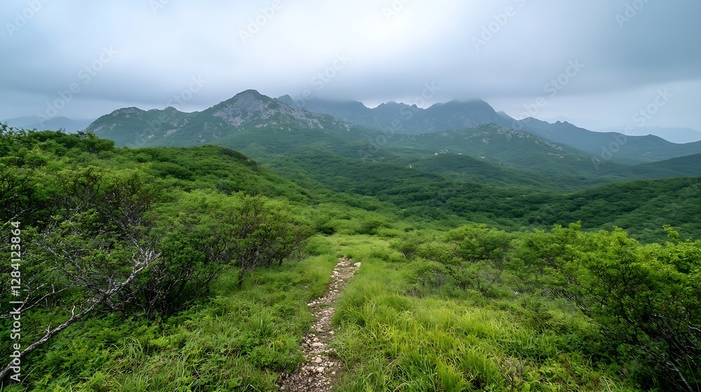 Poster Mountain landscape shrouded in mist with lush greenery and winding path inviting exploration and adventure : Generative AI