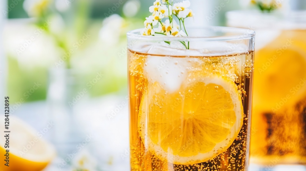 Poster refreshing sparkling drink with lemon slice and flower garnish in a glass : generative ai