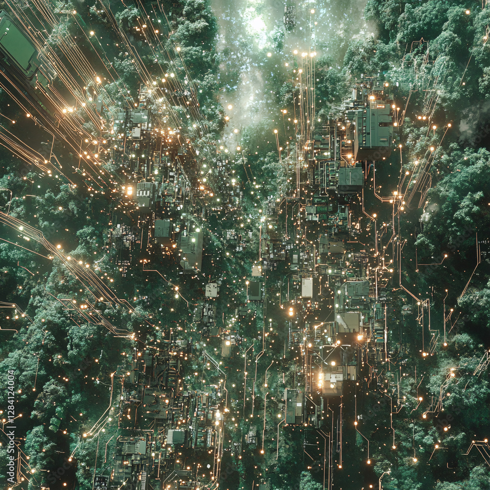 Poster a surreal composition of glowing futuristic digital circuits merging with dense green forest element