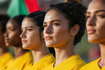 Fototapeta premium Young Female Athletes Standing in Line During National Anthem Ceremony