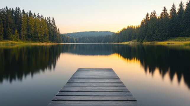 A serene lake reflects the colorful sky at dusk, with a wooden dock leading into the calm waters, surrounded by lush green forests.