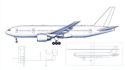 A technical drawing of an airplane, showcasing its side profile, dimensions, and structural details, emphasizing design and aerodynamics.