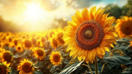 Obraz premium Sunflower blooming in golden light nature landscape scenic viewpoint vibrant environment summer fields