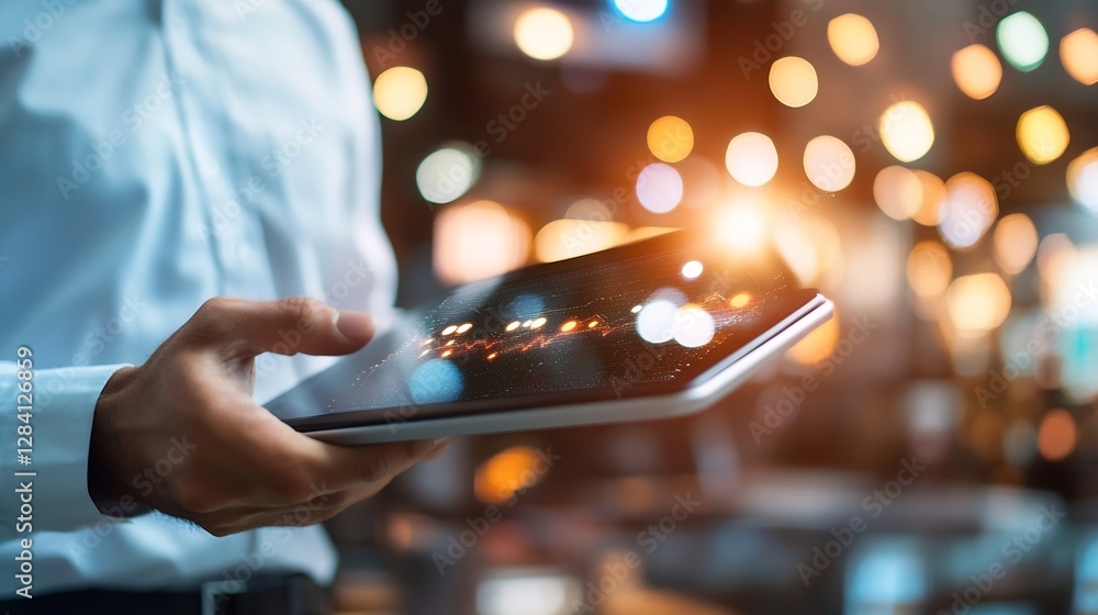 Poster Business professional holding tablet device in modern office with bokeh lights for presentation and analysis : Generative AI