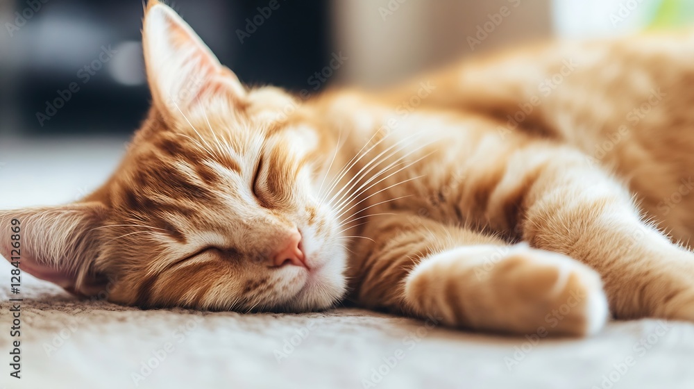 Aufkleber adorable orange cat sleeping peacefully on a soft surface with sunlight highlighting its serene feat