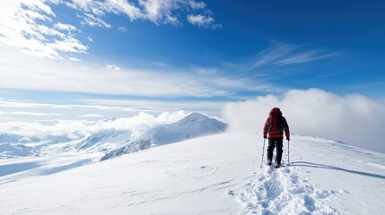 A lone hiker in a red jacket climbs a snow-covered mountain under a clear blue sky, surrounded by majestic peaks and a vast landscape.